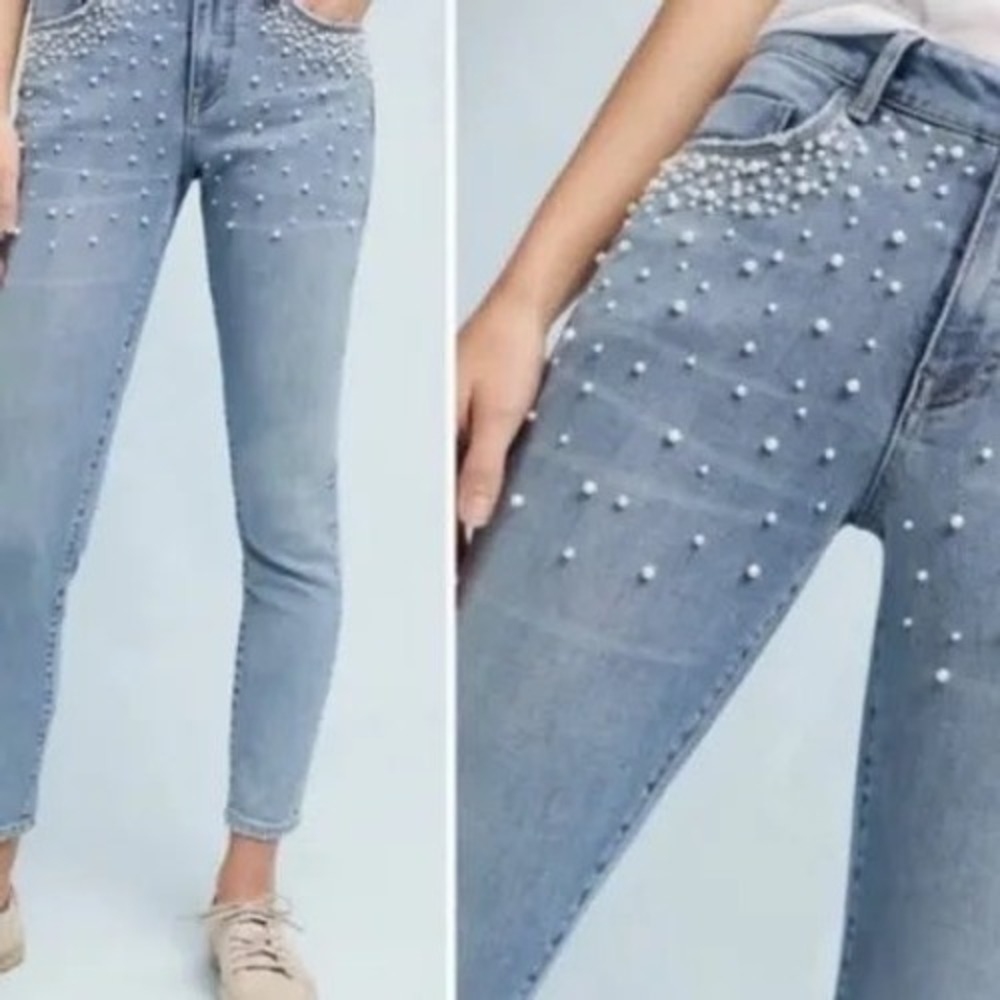 Pilcro and the Letterpress Script Pearl Embellished Jeans Medium Wash Size 2